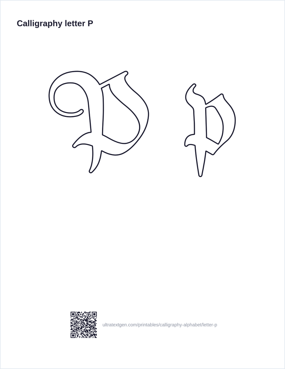 Calligraphy letter P practice sheet: blackletter uppercase and lowercase in hollow outline, to trace