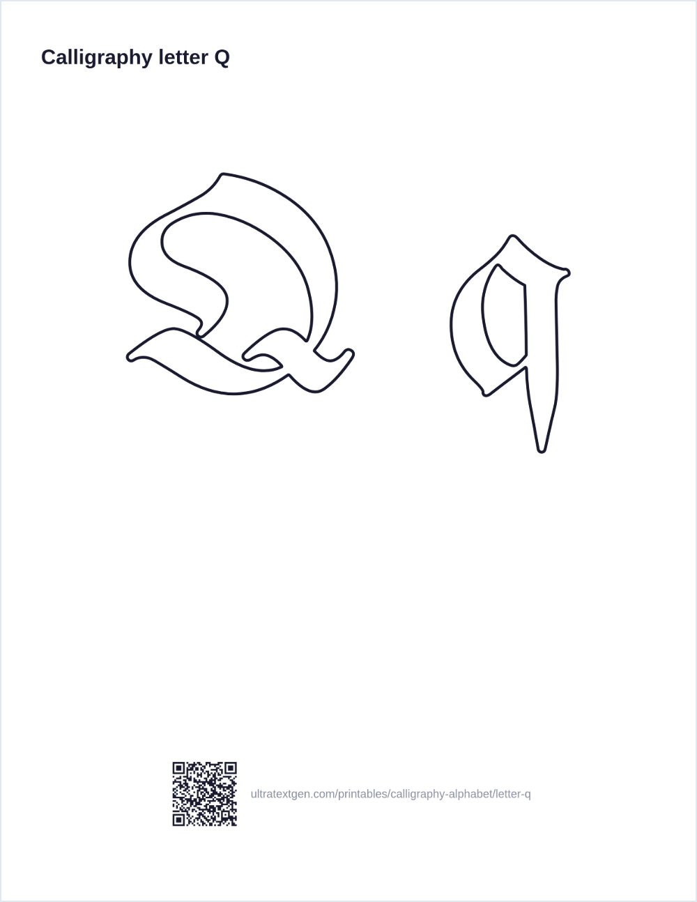 Calligraphy letter Q practice sheet: blackletter uppercase and lowercase in hollow outline, to trace