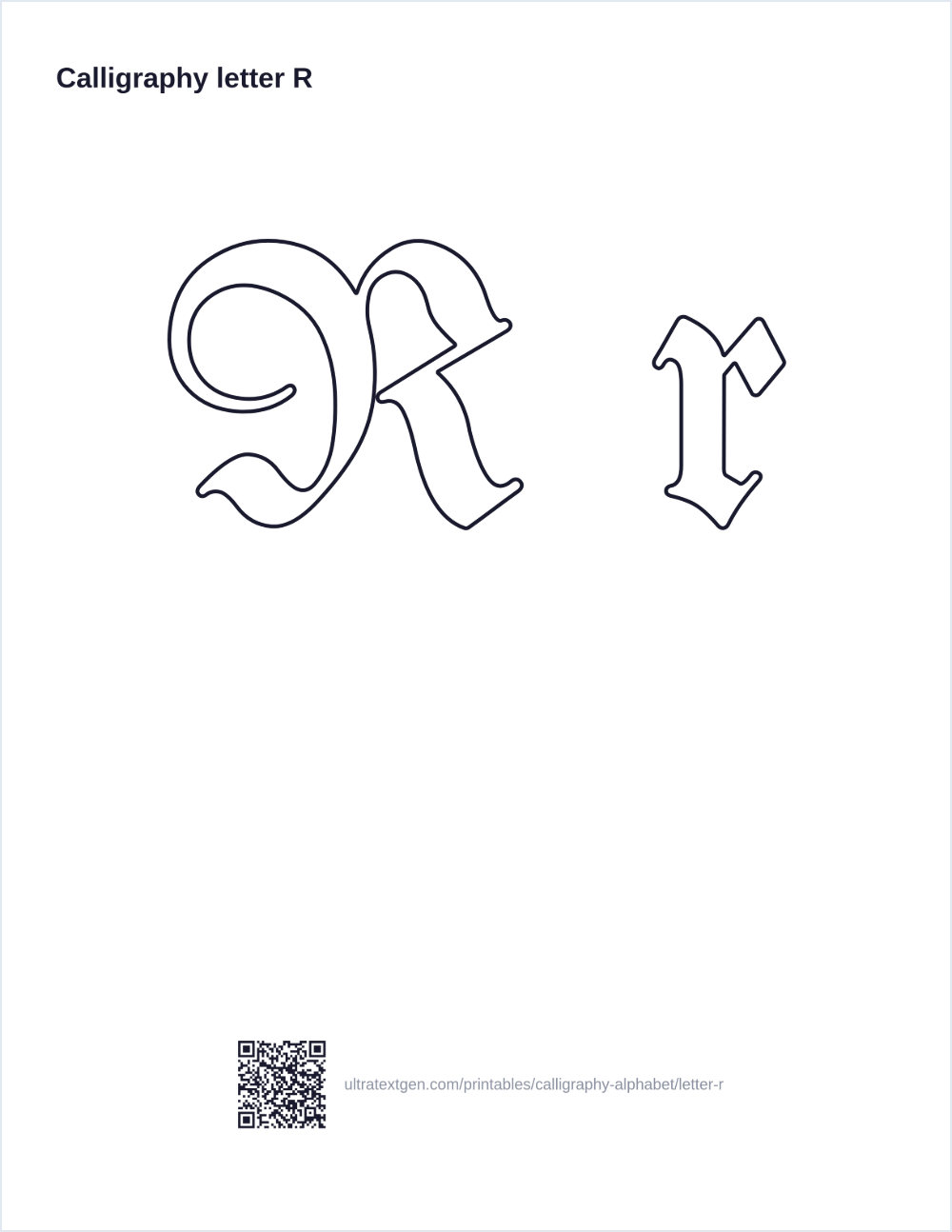 Calligraphy letter R practice sheet: blackletter uppercase and lowercase in hollow outline, to trace
