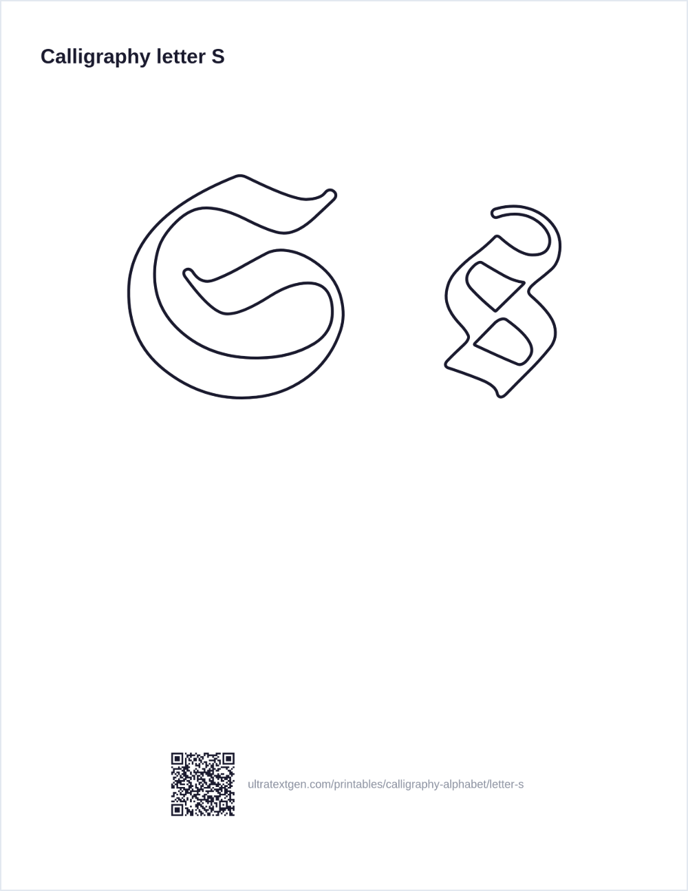 Calligraphy letter S practice sheet: blackletter uppercase and lowercase in hollow outline, to trace