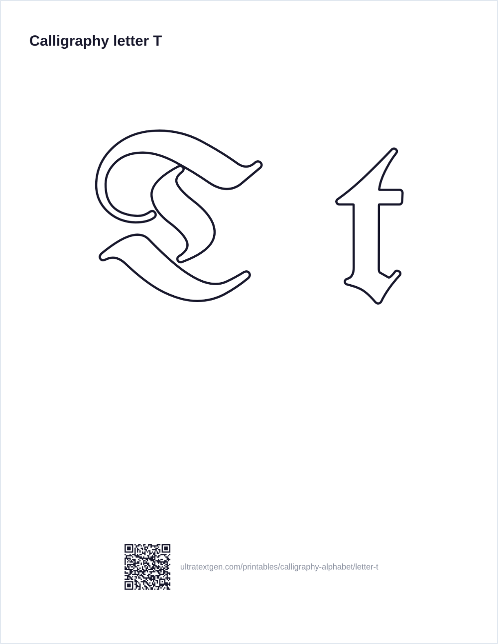 Calligraphy letter T practice sheet: blackletter uppercase and lowercase in hollow outline, to trace