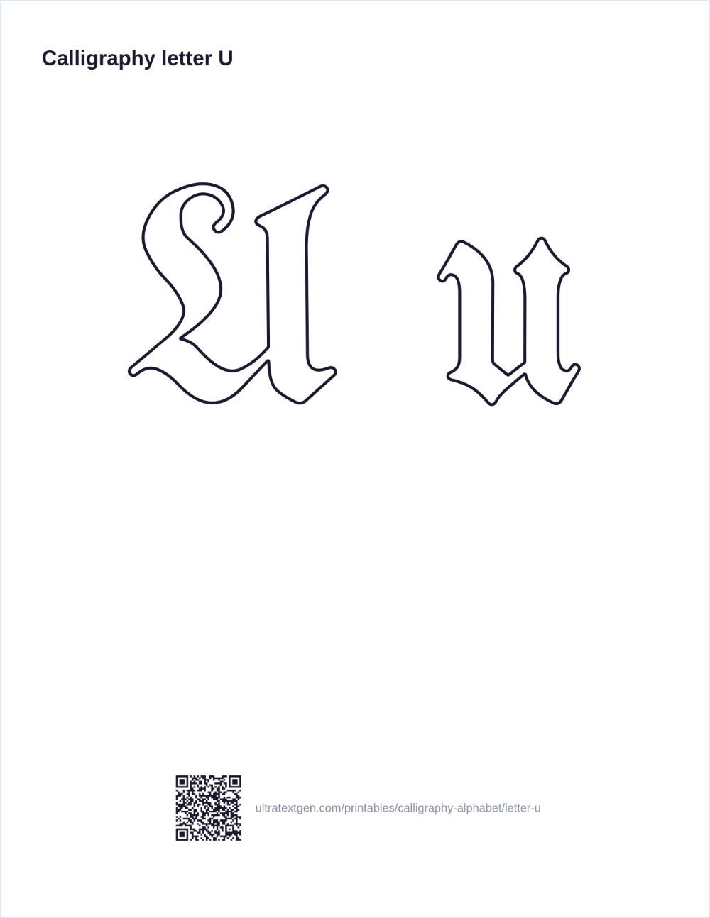 Calligraphy letter U practice sheet: blackletter uppercase and lowercase in hollow outline, to trace