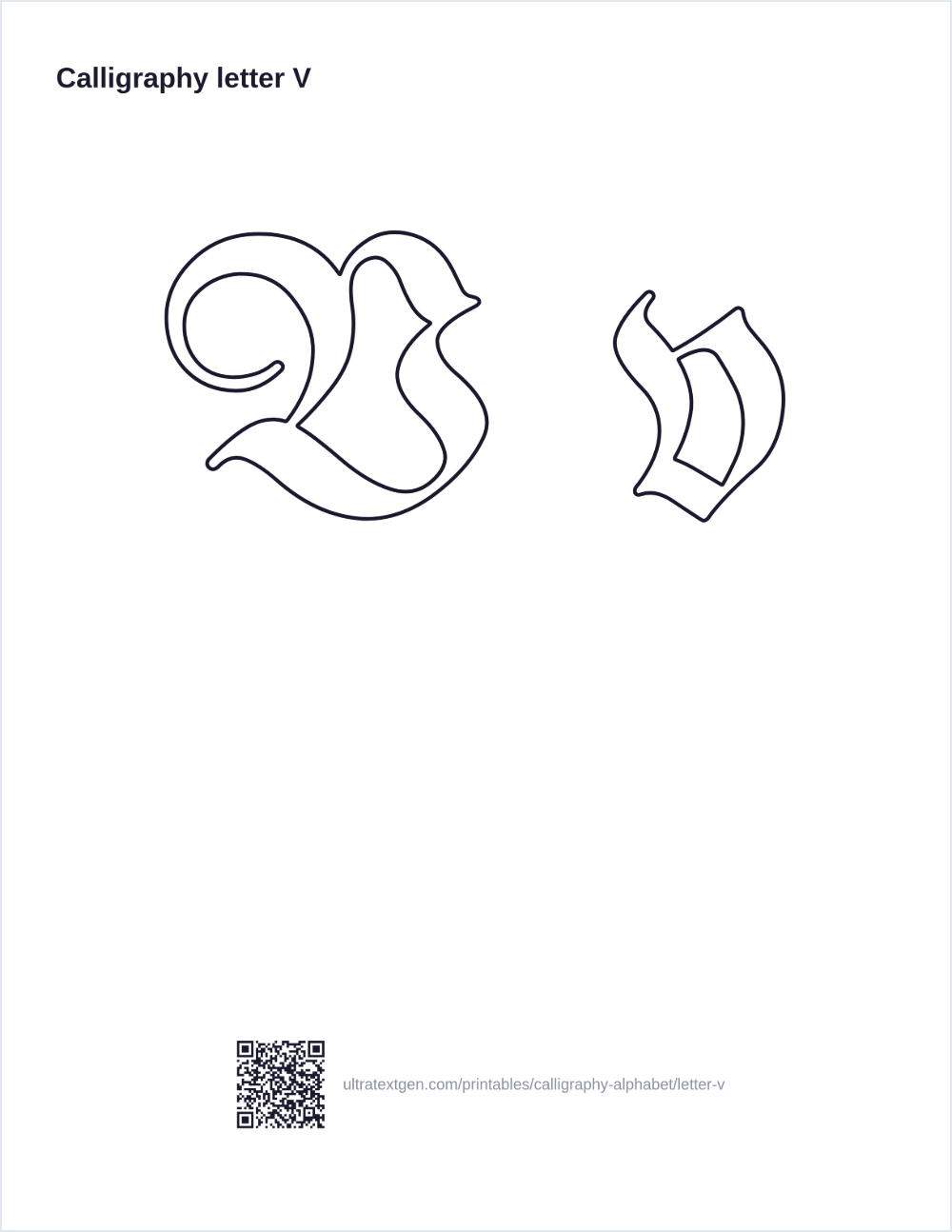 Calligraphy letter V practice sheet: blackletter uppercase and lowercase in hollow outline, to trace