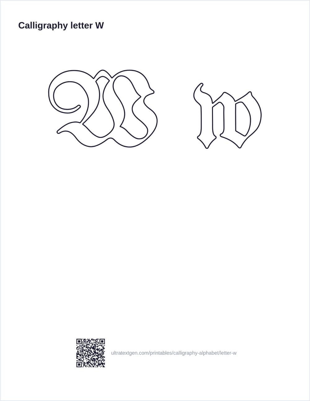 Calligraphy letter W practice sheet: blackletter uppercase and lowercase in hollow outline, to trace