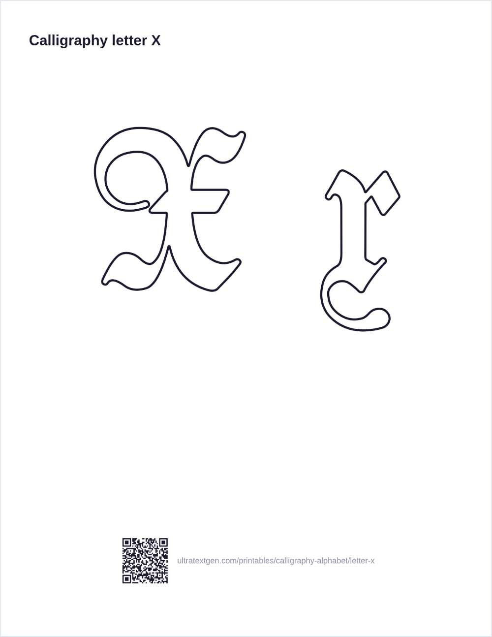 Calligraphy letter X practice sheet: blackletter uppercase and lowercase in hollow outline, to trace
