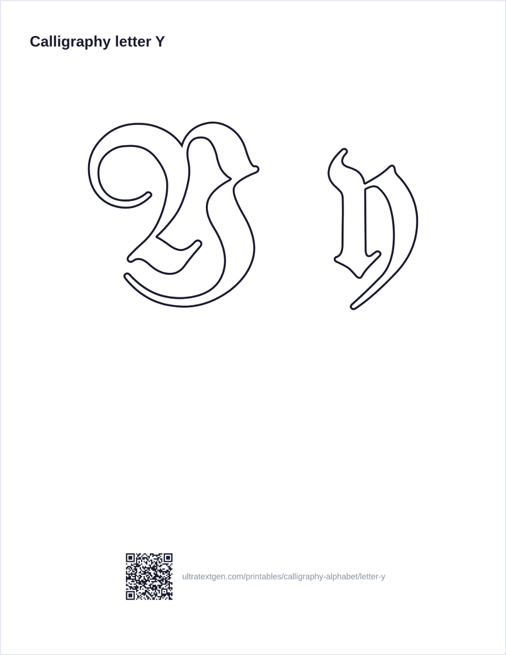 Calligraphy letter Y practice sheet: blackletter uppercase and lowercase in hollow outline, to trace