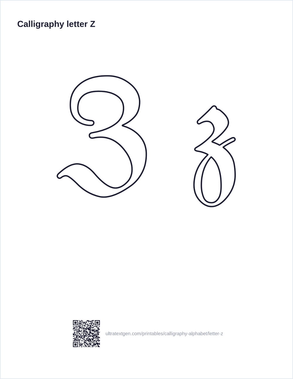 Calligraphy letter Z practice sheet: blackletter uppercase and lowercase in hollow outline, to trace