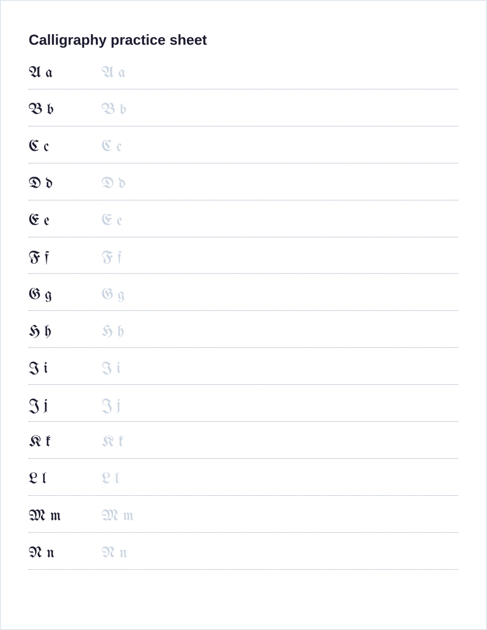 Calligraphy alphabet practice sheet: blackletter models with traceable copies on ruled rows
