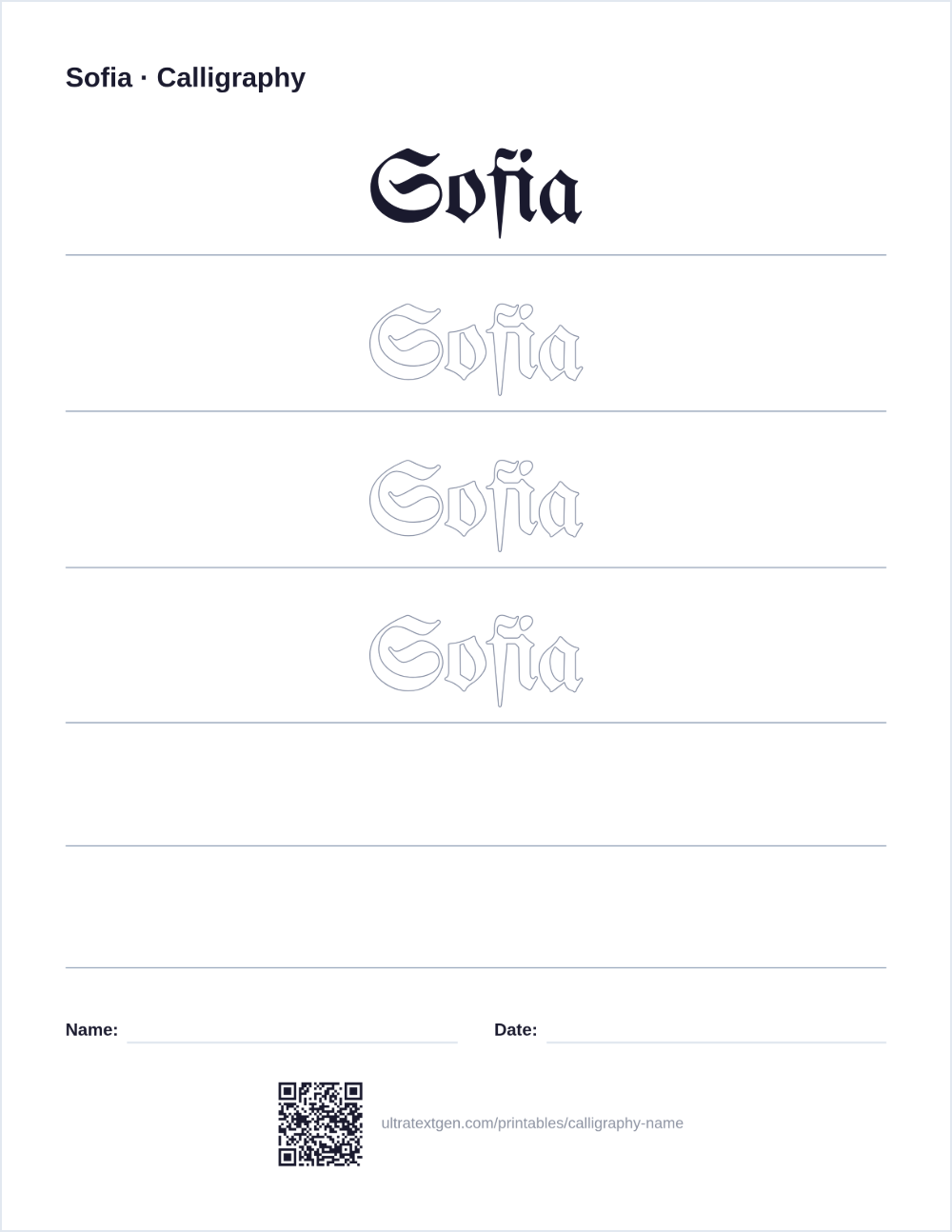 Calligraphy name sheet sample for Sofia: a blackletter model above outlined rows to trace, then blank lines