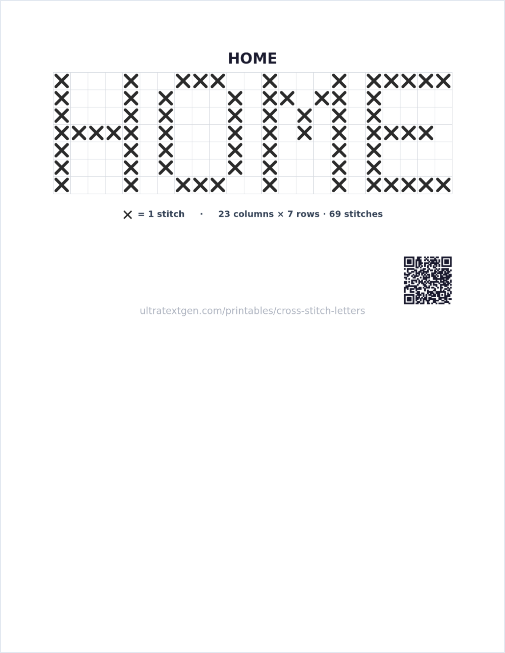 Cross-stitch letter chart sample: the word HOME as X stitches on a 5 by 7 grid