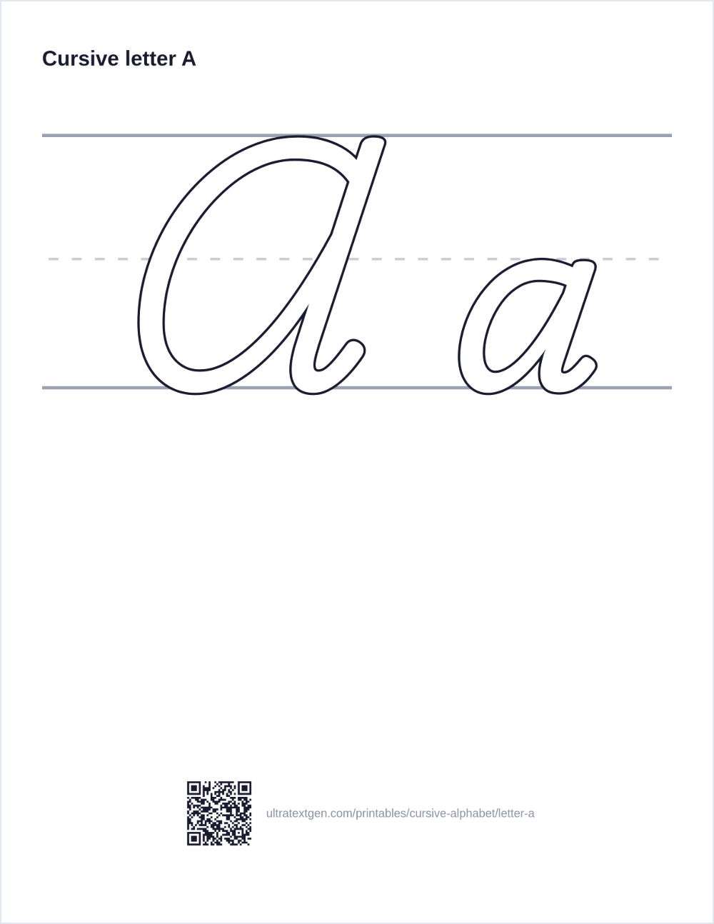 Cursive letter A practice sheet: uppercase and lowercase in hollow outline on ruled lines, to trace
