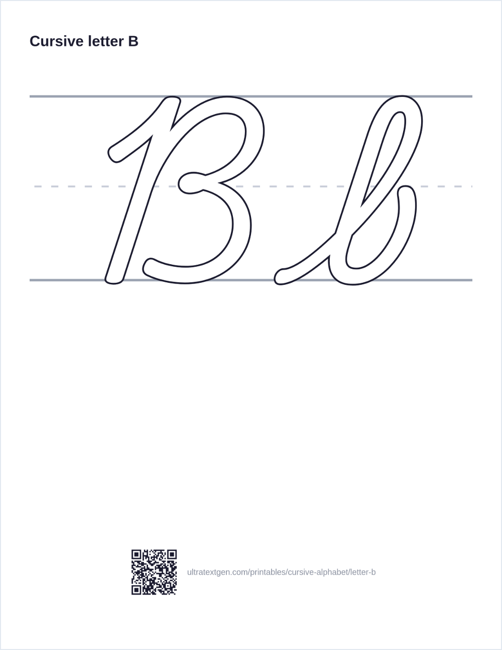 Cursive letter B practice sheet: uppercase and lowercase in hollow outline on ruled lines, to trace