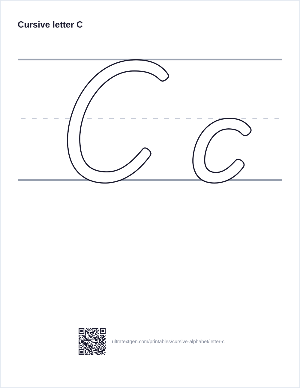 Cursive letter C practice sheet: uppercase and lowercase in hollow outline on ruled lines, to trace