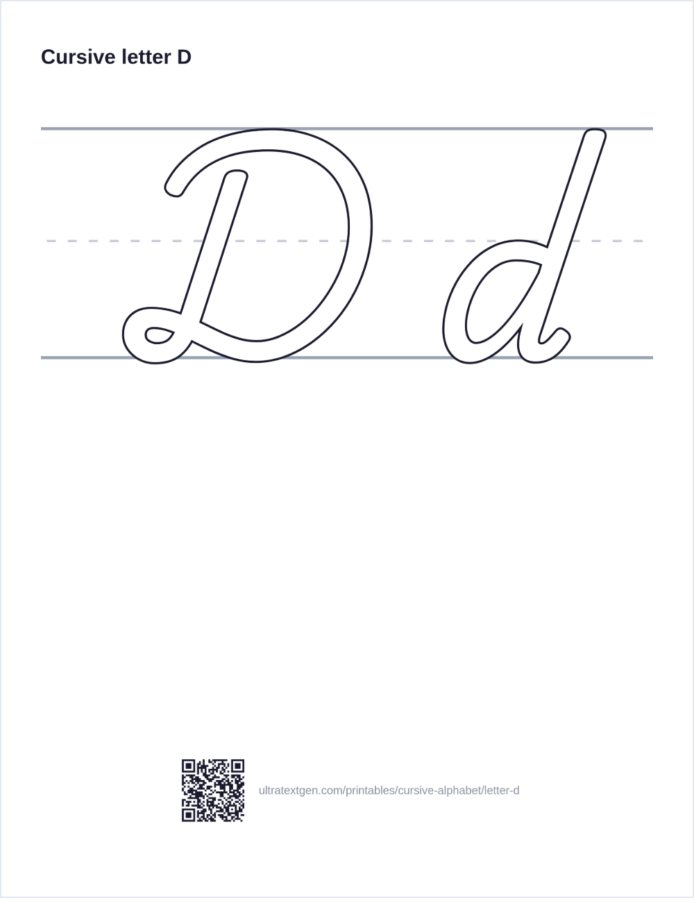 Cursive letter D practice sheet: uppercase and lowercase in hollow outline on ruled lines, to trace