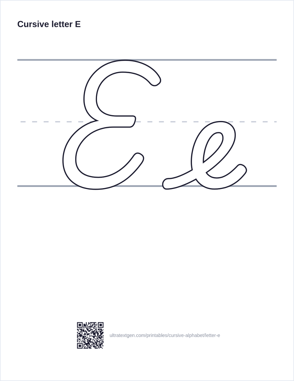 Cursive letter E practice sheet: uppercase and lowercase in hollow outline on ruled lines, to trace