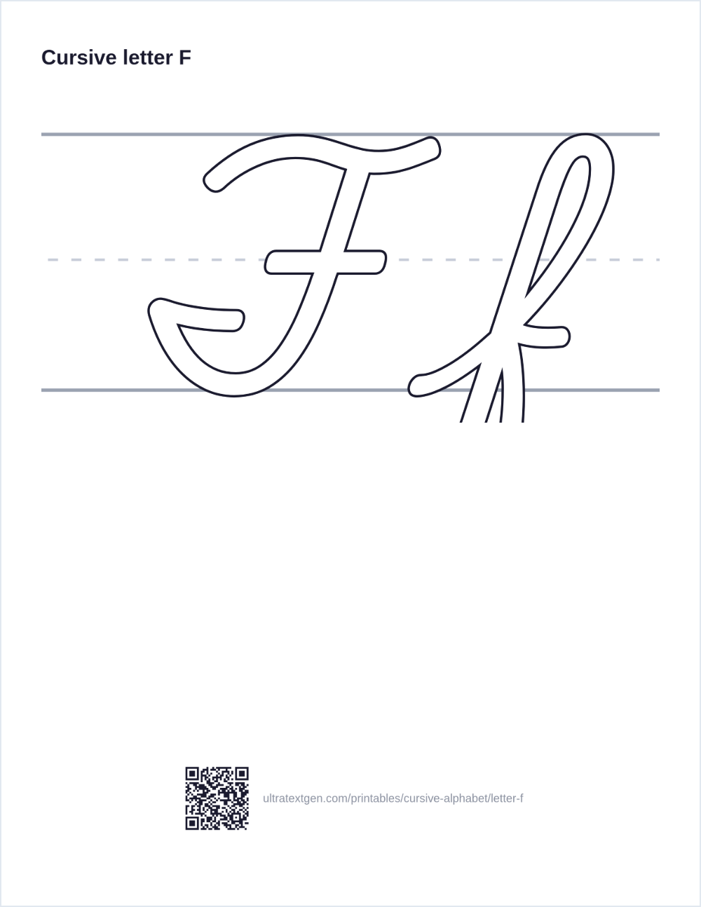 Cursive letter F practice sheet: uppercase and lowercase in hollow outline on ruled lines, to trace