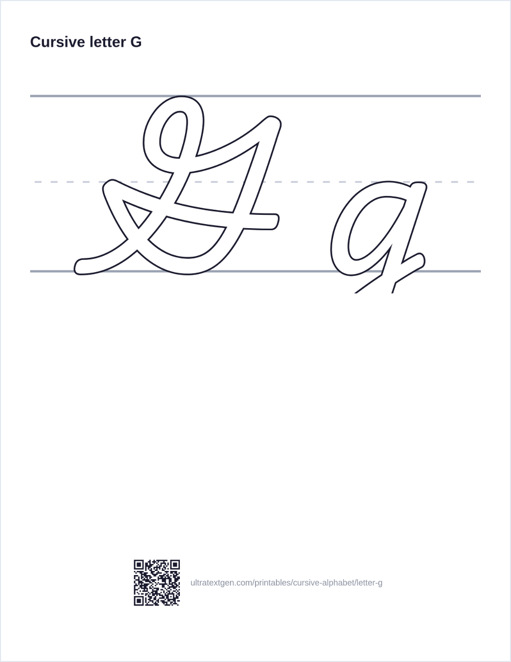 Cursive letter G practice sheet: uppercase and lowercase in hollow outline on ruled lines, to trace