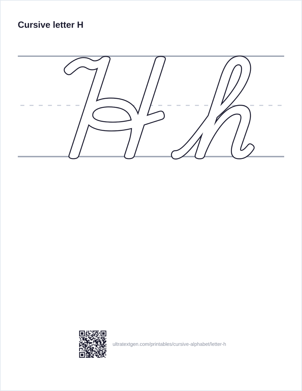 Cursive letter H practice sheet: uppercase and lowercase in hollow outline on ruled lines, to trace