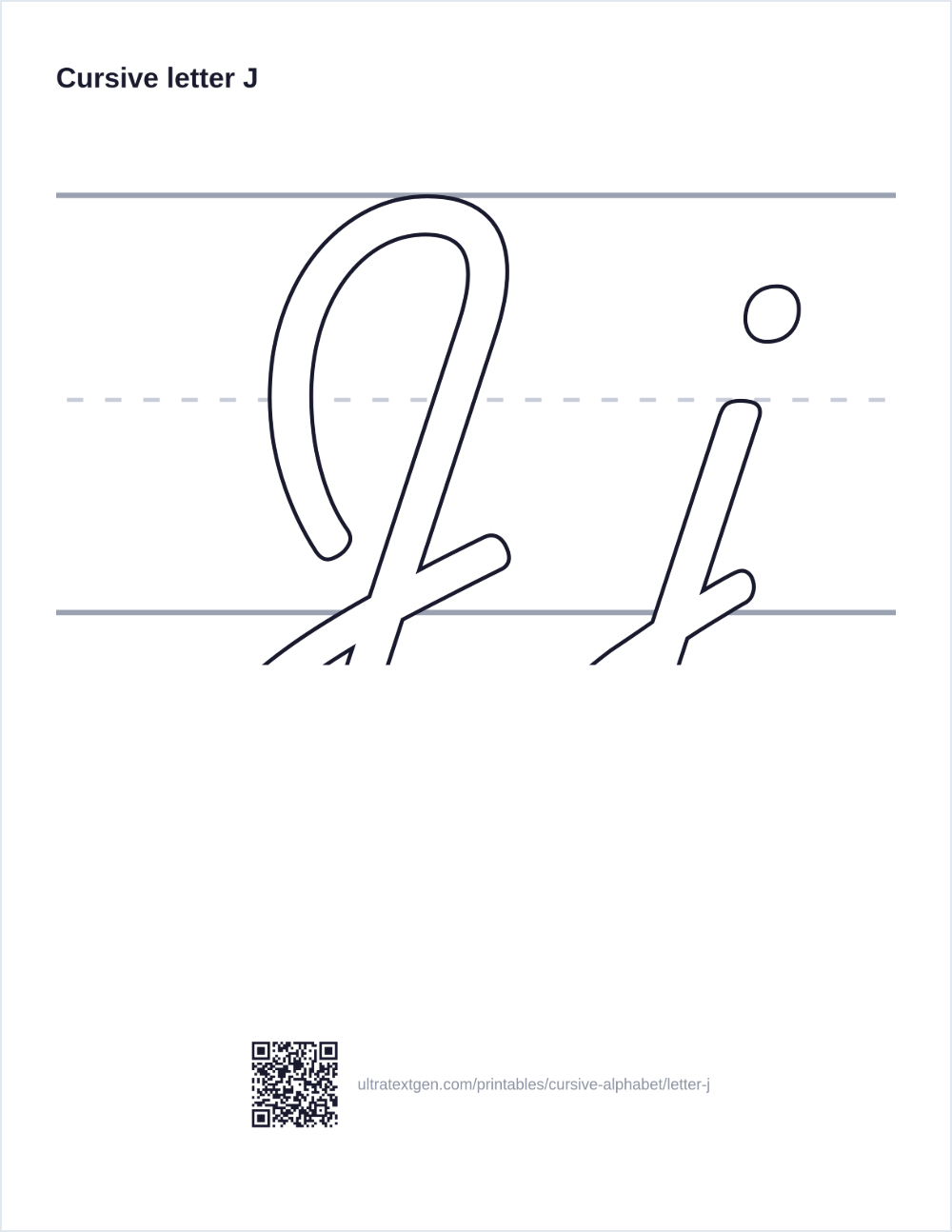 Cursive letter J practice sheet: uppercase and lowercase in hollow outline on ruled lines, to trace