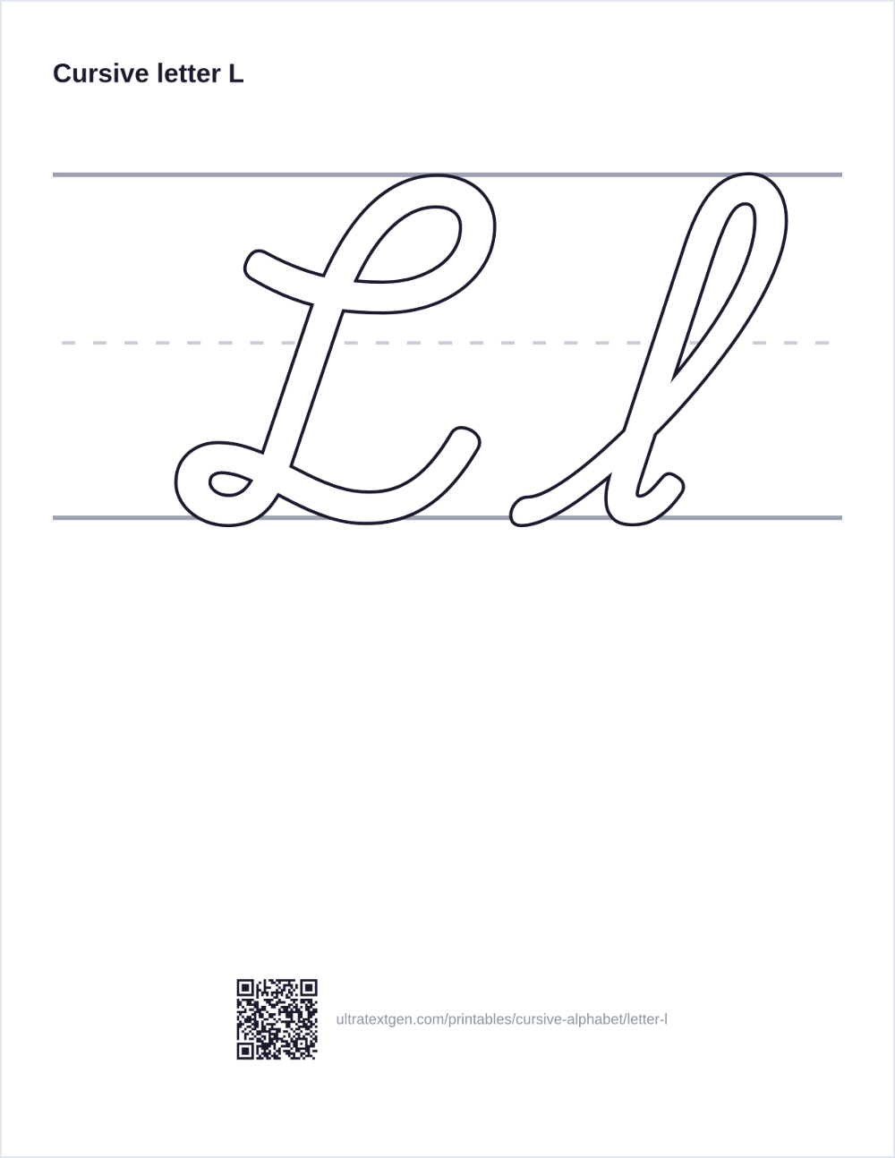 Cursive letter L practice sheet: uppercase and lowercase in hollow outline on ruled lines, to trace