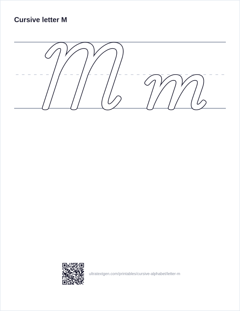 Cursive letter M practice sheet: uppercase and lowercase in hollow outline on ruled lines, to trace