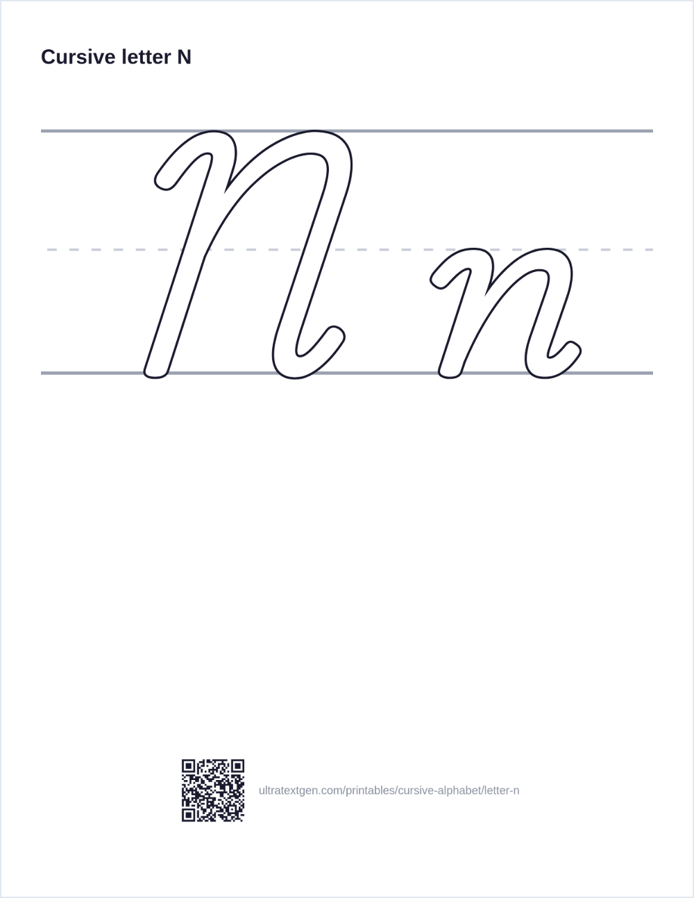 Cursive letter N practice sheet: uppercase and lowercase in hollow outline on ruled lines, to trace