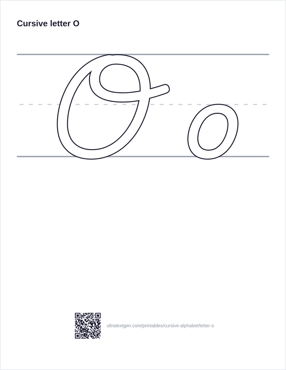 Cursive letter O practice sheet: uppercase and lowercase in hollow outline on ruled lines, to trace