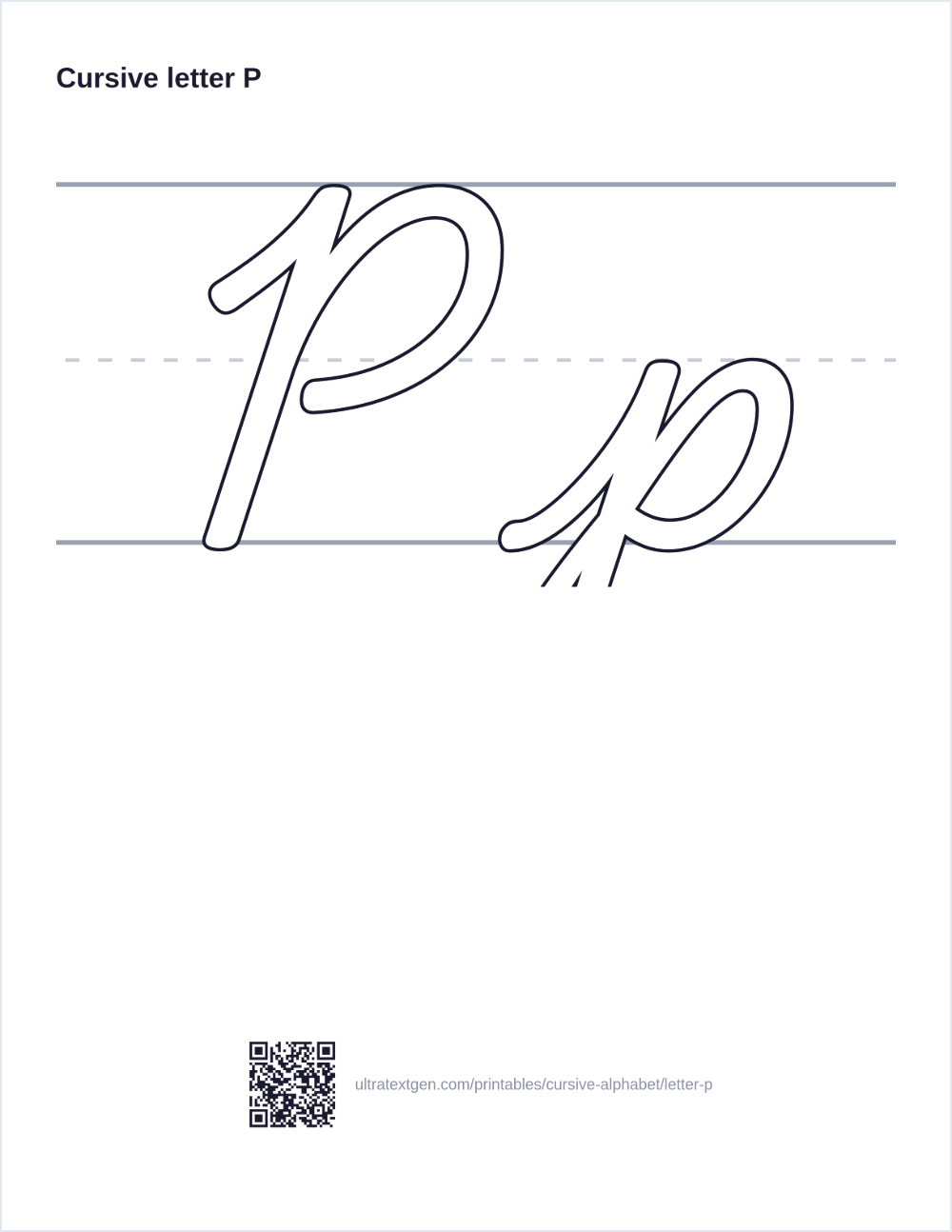 Cursive letter P practice sheet: uppercase and lowercase in hollow outline on ruled lines, to trace