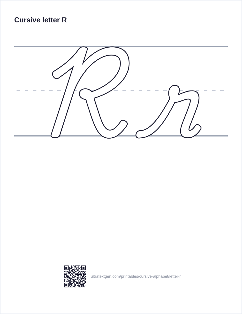 Cursive letter R practice sheet: uppercase and lowercase in hollow outline on ruled lines, to trace