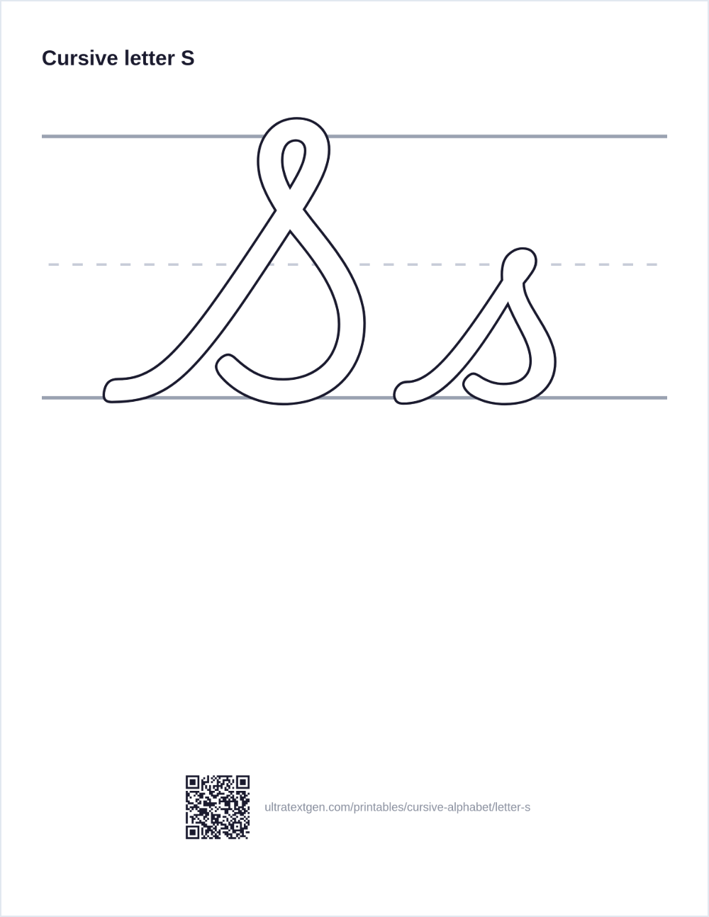 Cursive letter S practice sheet: uppercase and lowercase in hollow outline on ruled lines, to trace