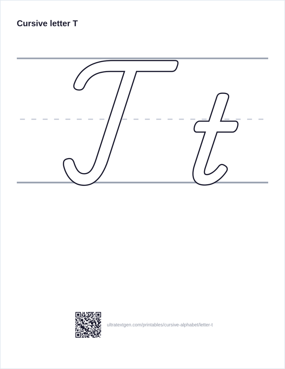 Cursive letter T practice sheet: uppercase and lowercase in hollow outline on ruled lines, to trace