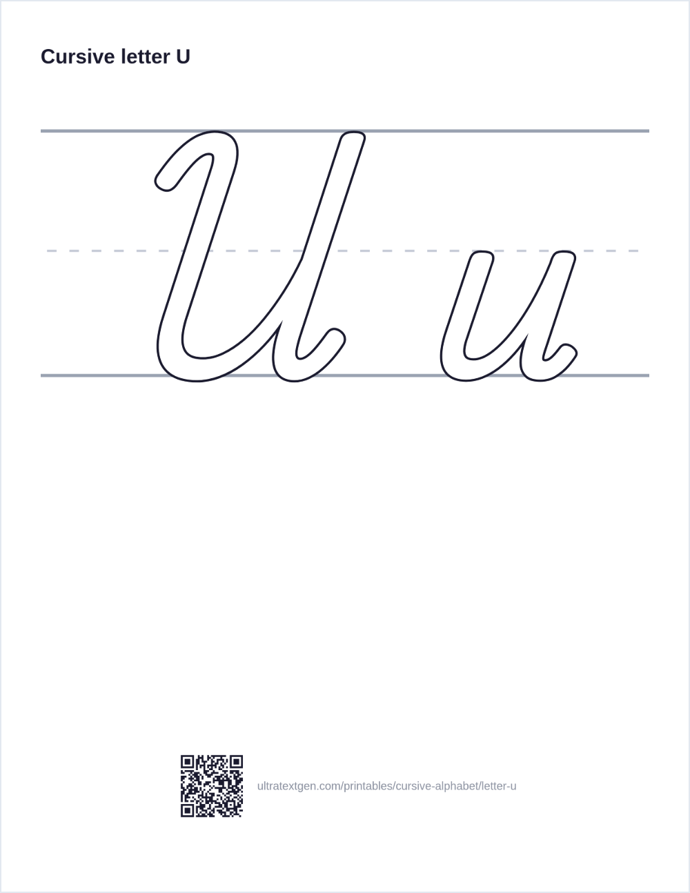 Cursive letter U practice sheet: uppercase and lowercase in hollow outline on ruled lines, to trace