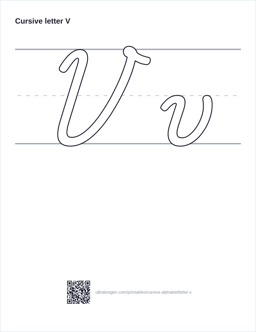 Cursive letter V practice sheet: uppercase and lowercase in hollow outline on ruled lines, to trace