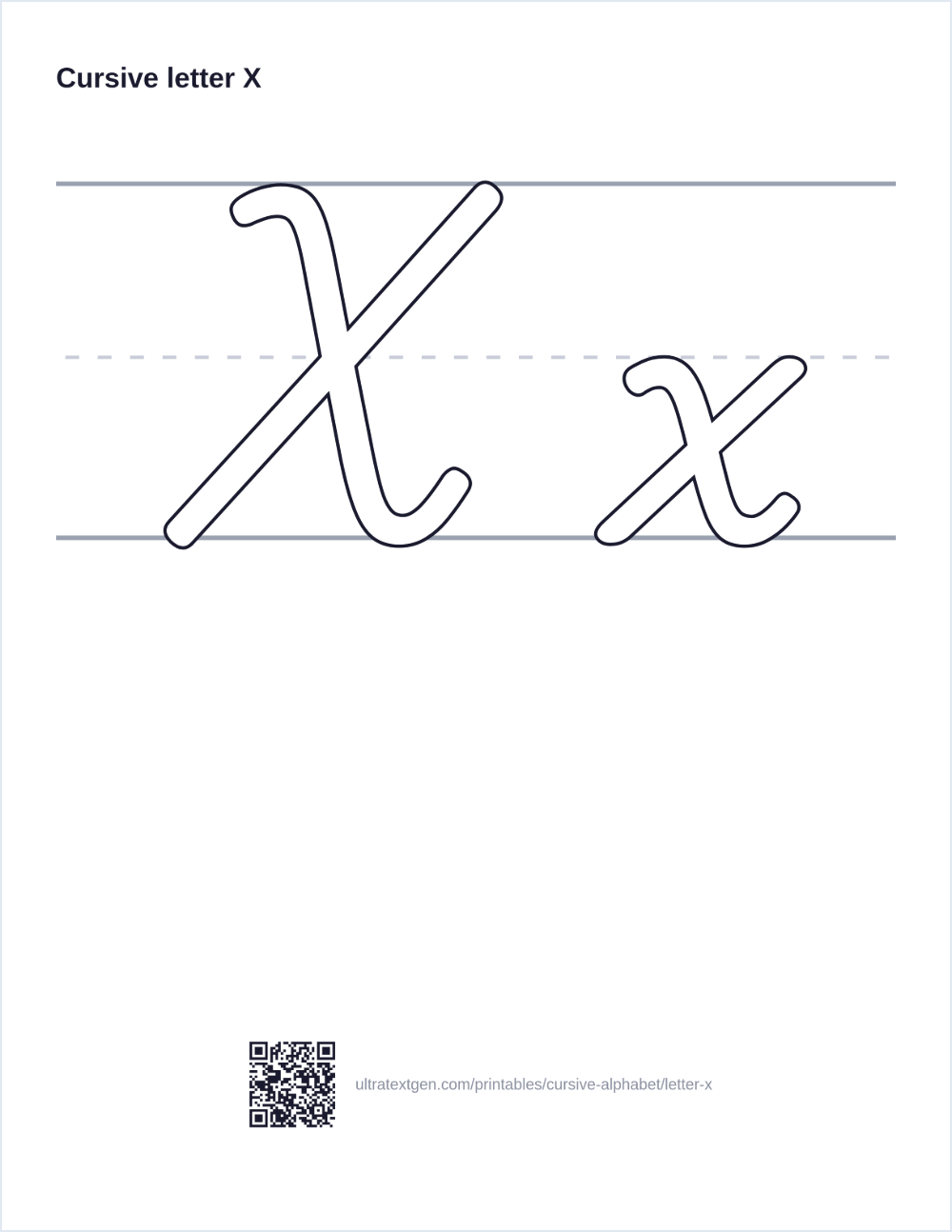 Cursive letter X practice sheet: uppercase and lowercase in hollow outline on ruled lines, to trace