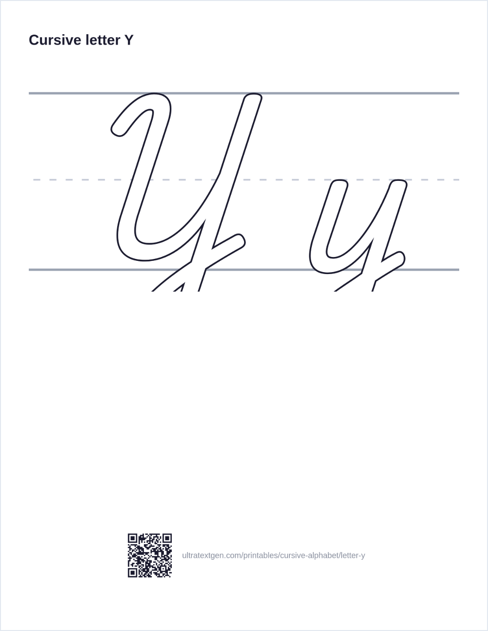 Cursive letter Y practice sheet: uppercase and lowercase in hollow outline on ruled lines, to trace