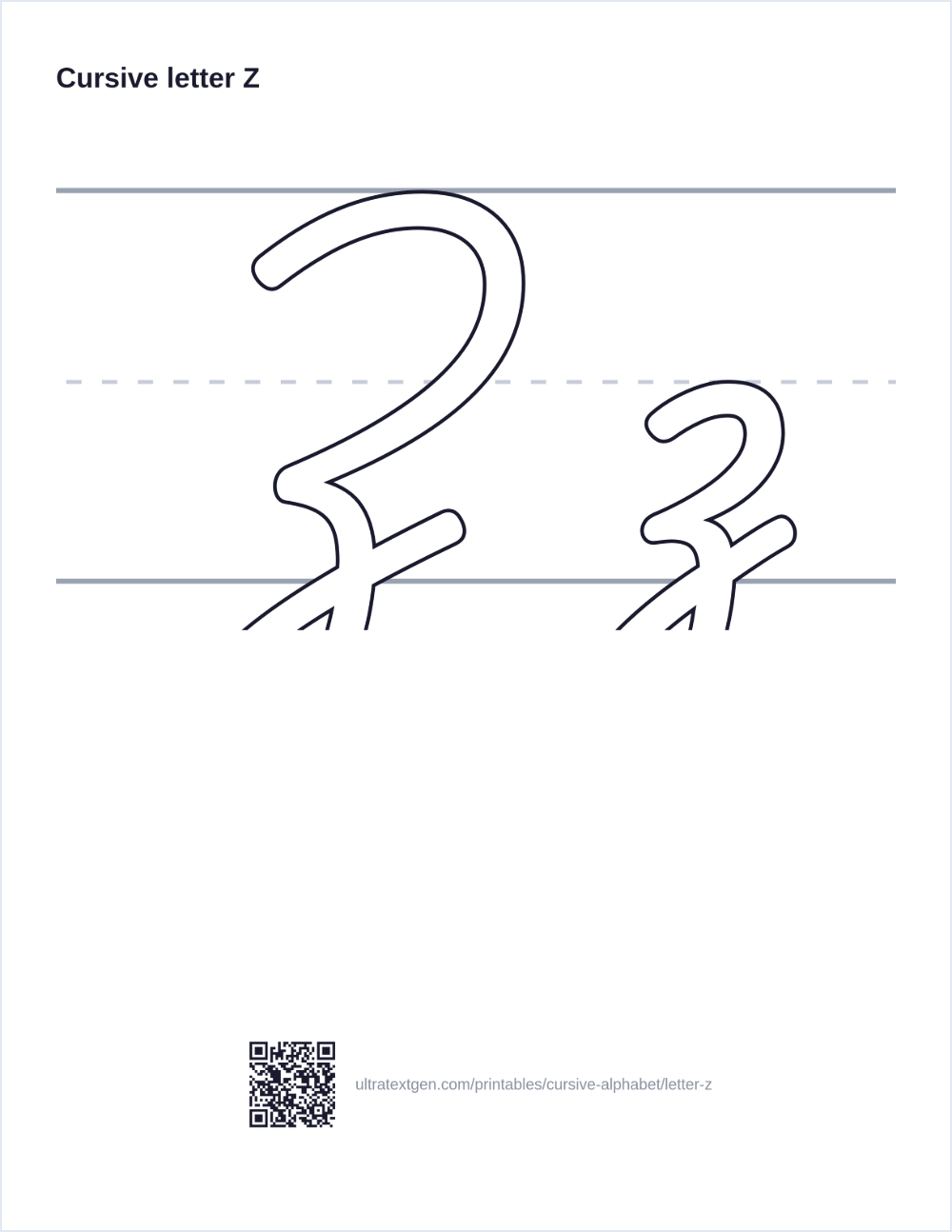 Cursive letter Z practice sheet: uppercase and lowercase in hollow outline on ruled lines, to trace