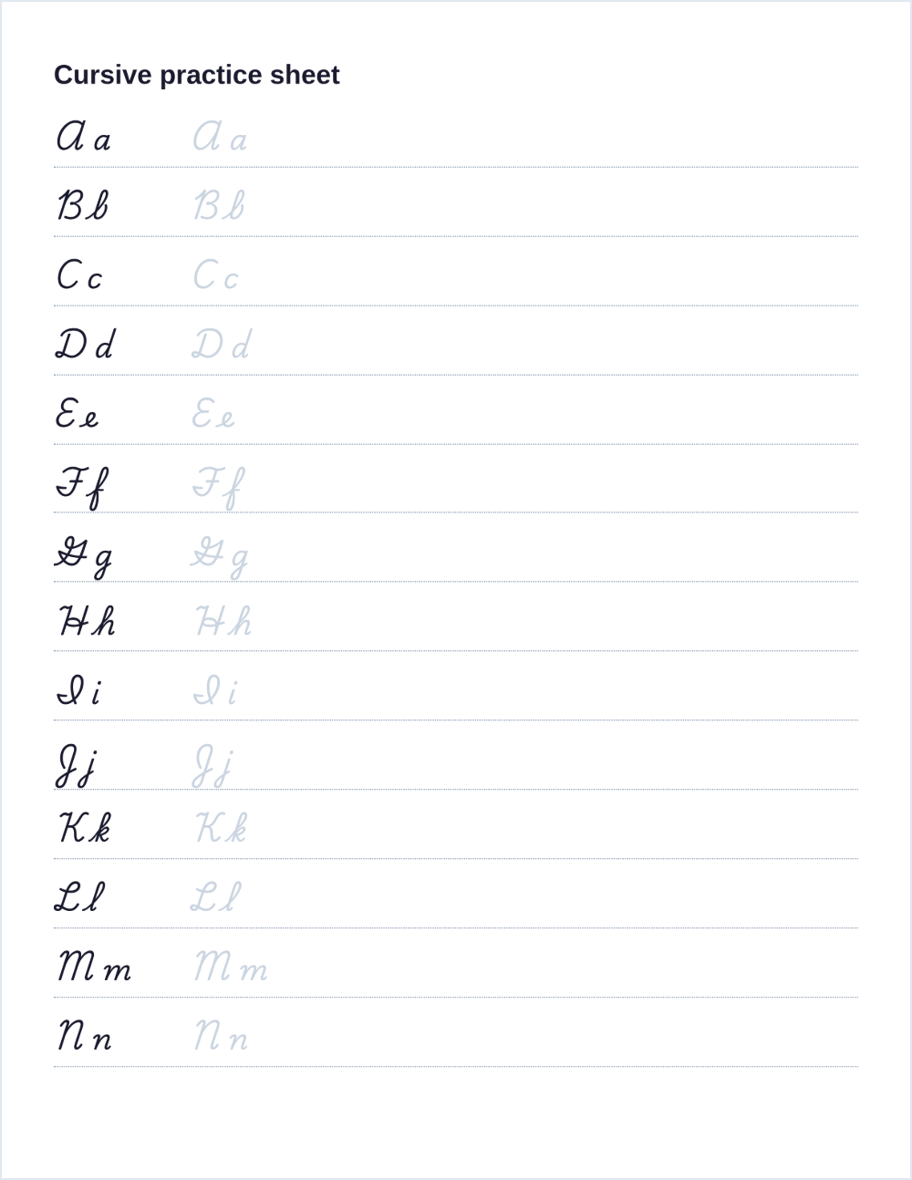 Cursive alphabet practice sheet: model letters with traceable copies on ruled rows