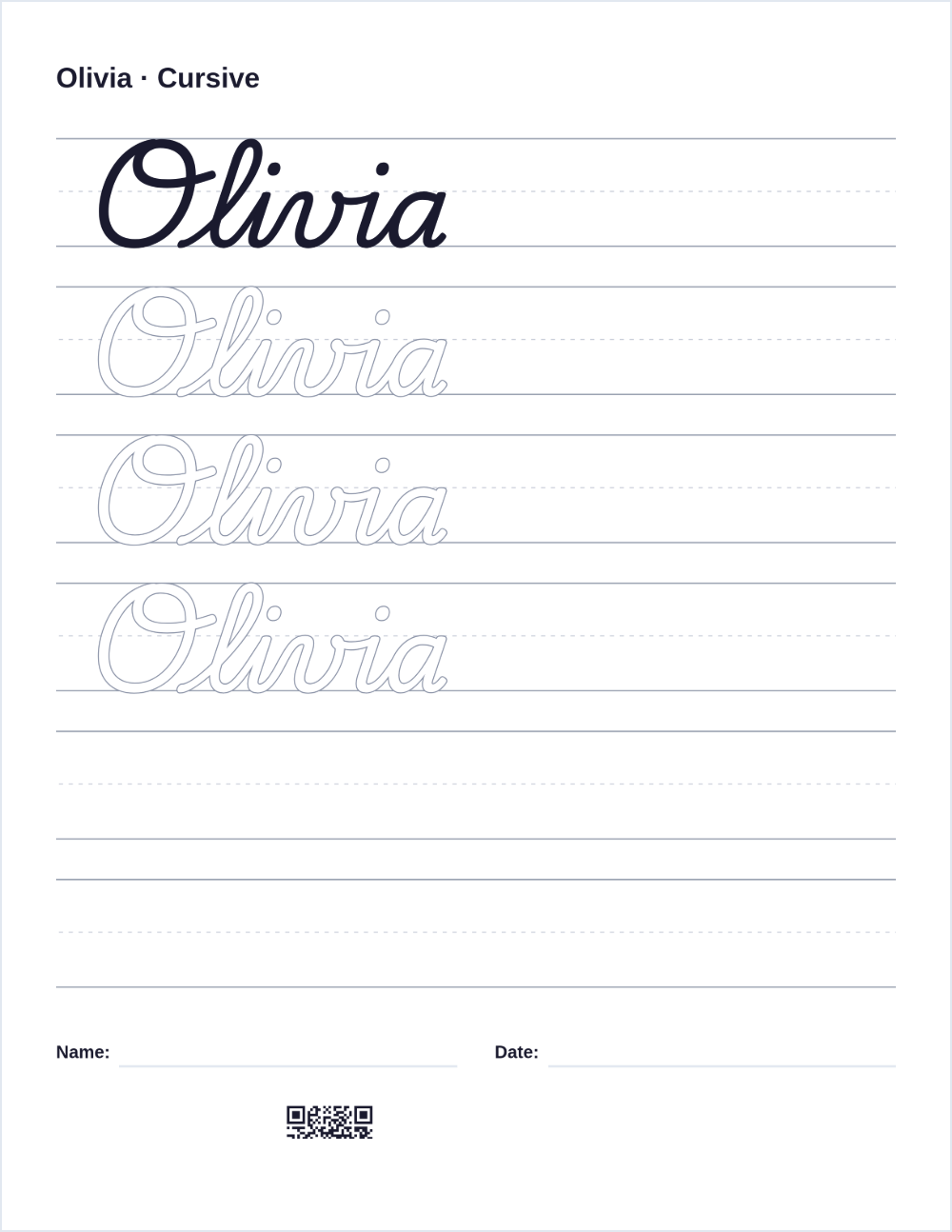 Cursive name tracing worksheet sample for Olivia: a joined cursive model above outlined rows to trace, then blank ruled lines