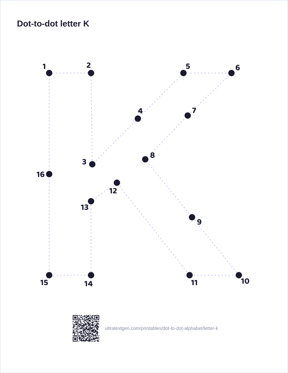 Letter K dot to dot: numbered dots to connect that reveal the letter