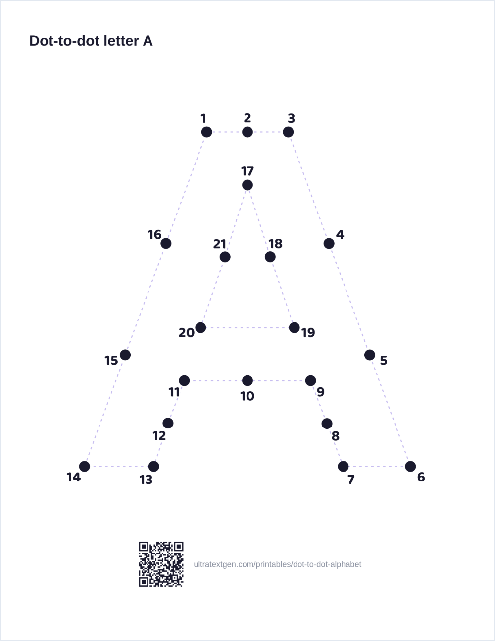 Dot to dot alphabet: the letter A as numbered dots to connect, its outline and the triangle inside it