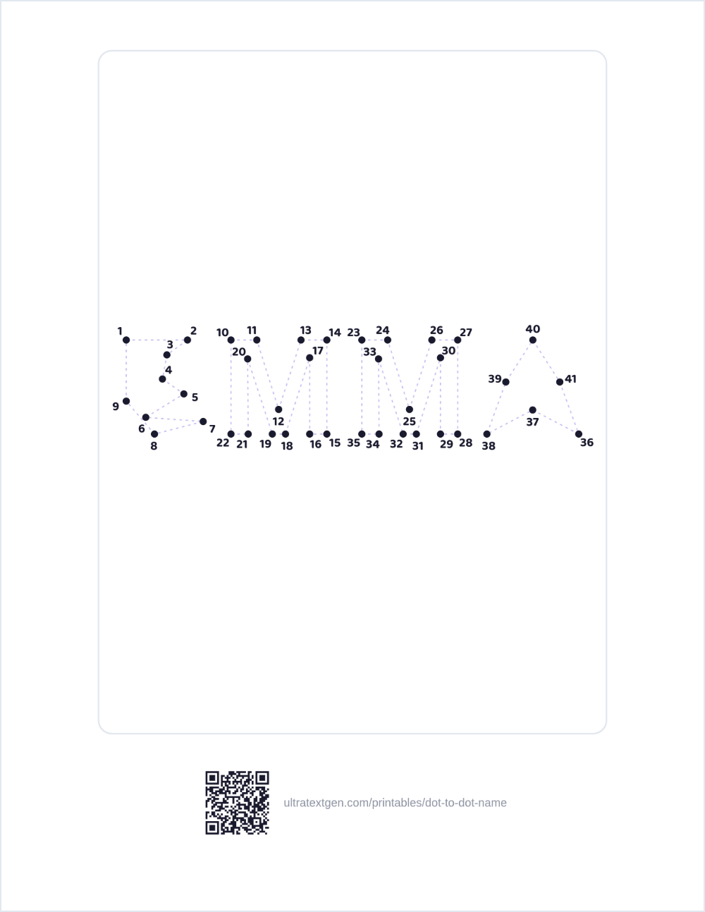Dot to dot name sample: EMMA as numbered dots to connect, one loop per letter