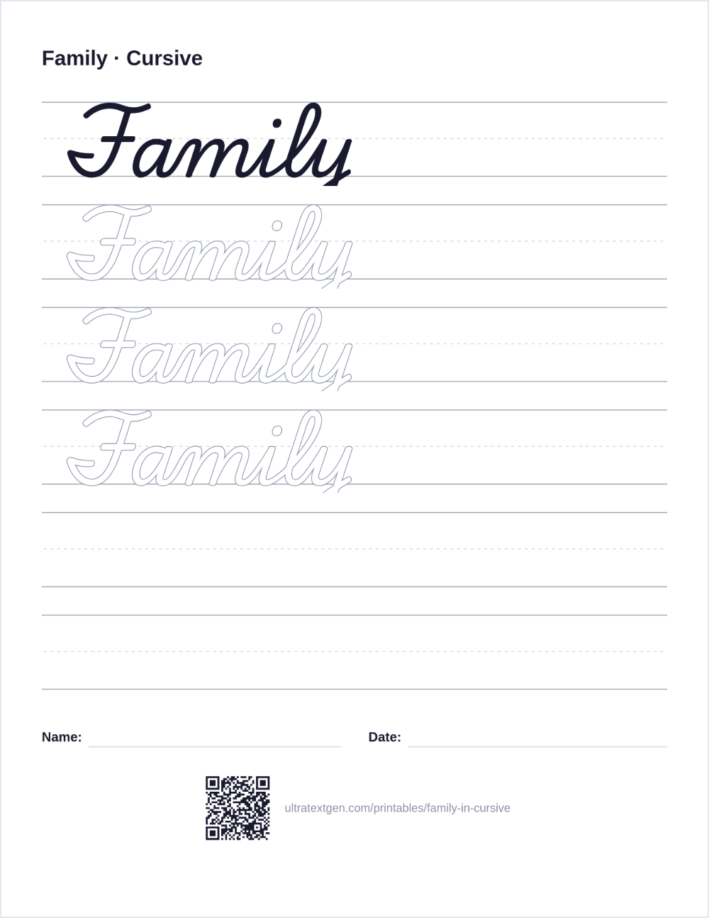 Family in cursive: a script model above outlined copies to trace on ruled lines