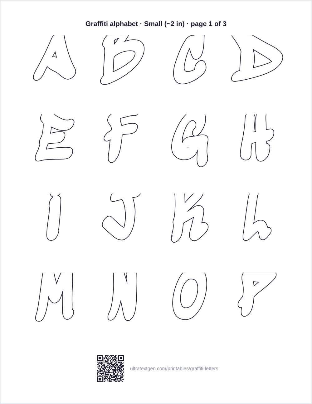 Printable graffiti letters: the first sheet of the A to Z set as hollow graffiti outlines to color in