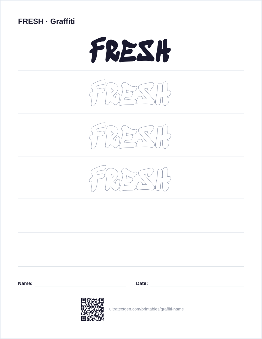Graffiti name sample: FRESH as a graffiti tag above hollow outlines to trace and colour
