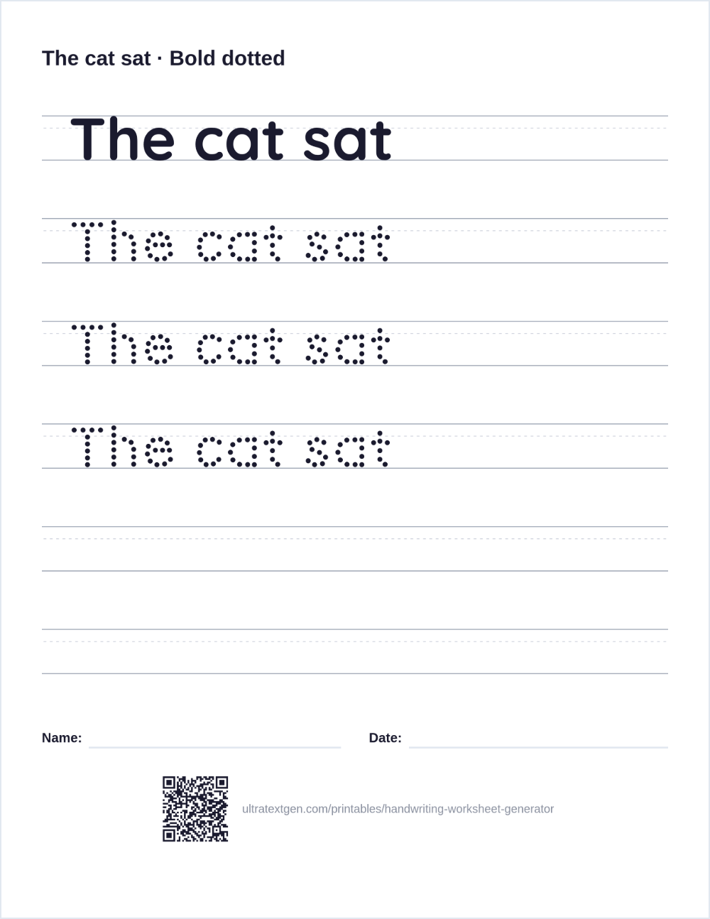 Handwriting worksheet sample for The cat sat: a solid model above bold dotted rows to trace, then blank ruled lines