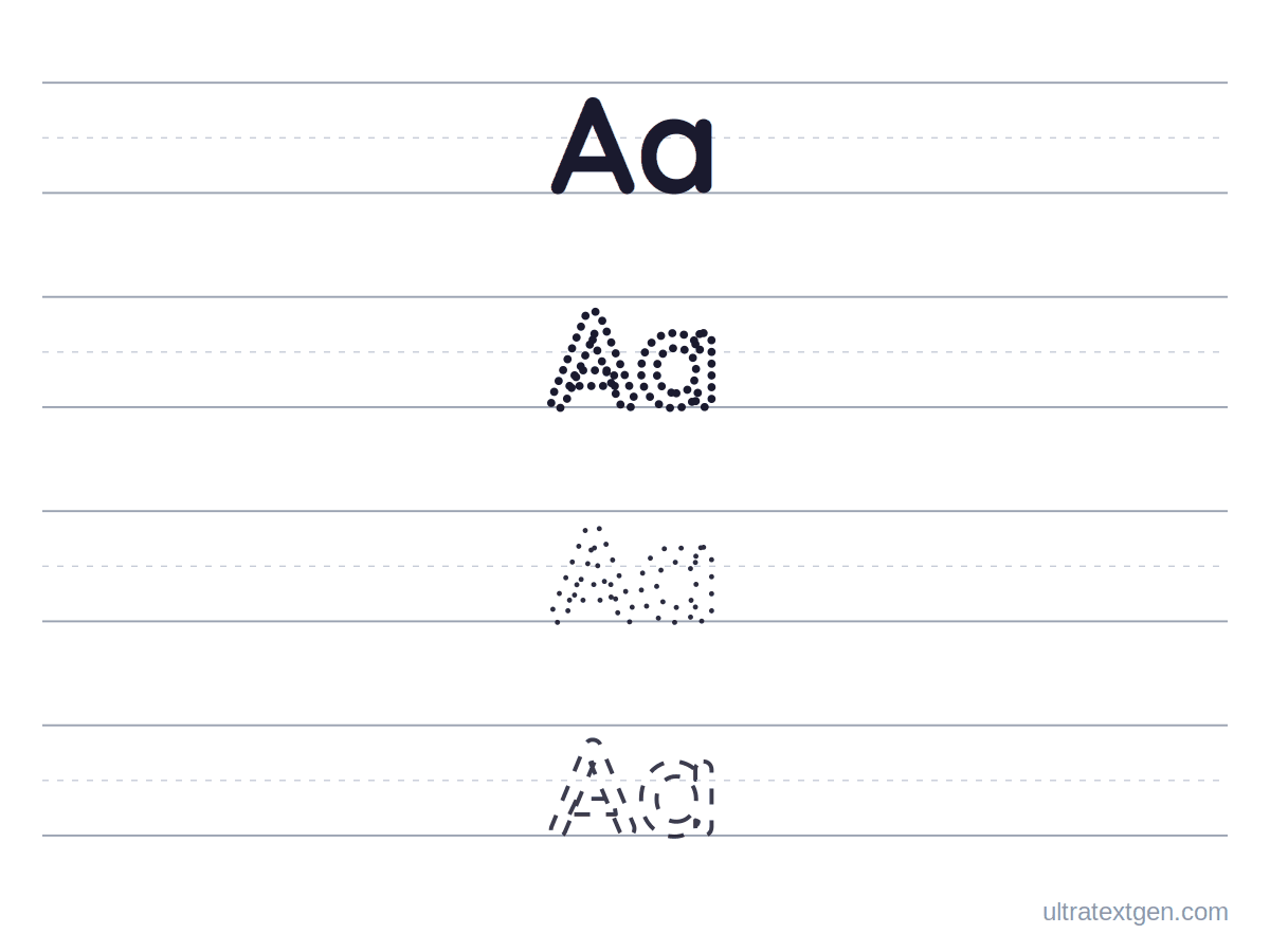 Letter tracing worksheet sample: Aa as a solid model with dotted and dashed rows to trace on ruled handwriting lines