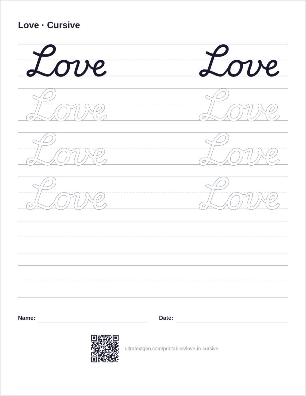 Love in cursive: a script model above outlined copies to trace on ruled lines