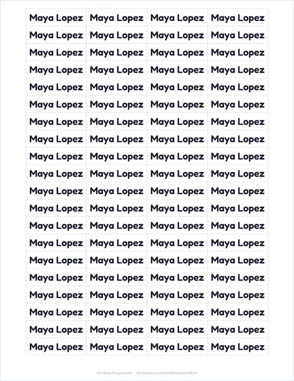 Name label sheet sample: Maya Lopez on small rounded labels, four across, with dashed cut lines