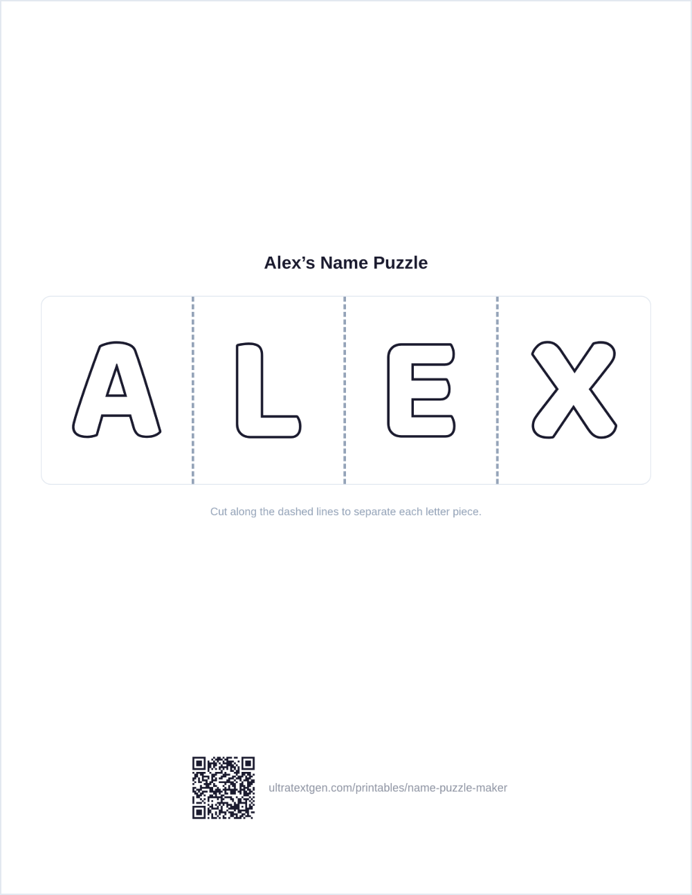 Name puzzle sample: ALEX as hollow letter pieces separated by dashed cut lines