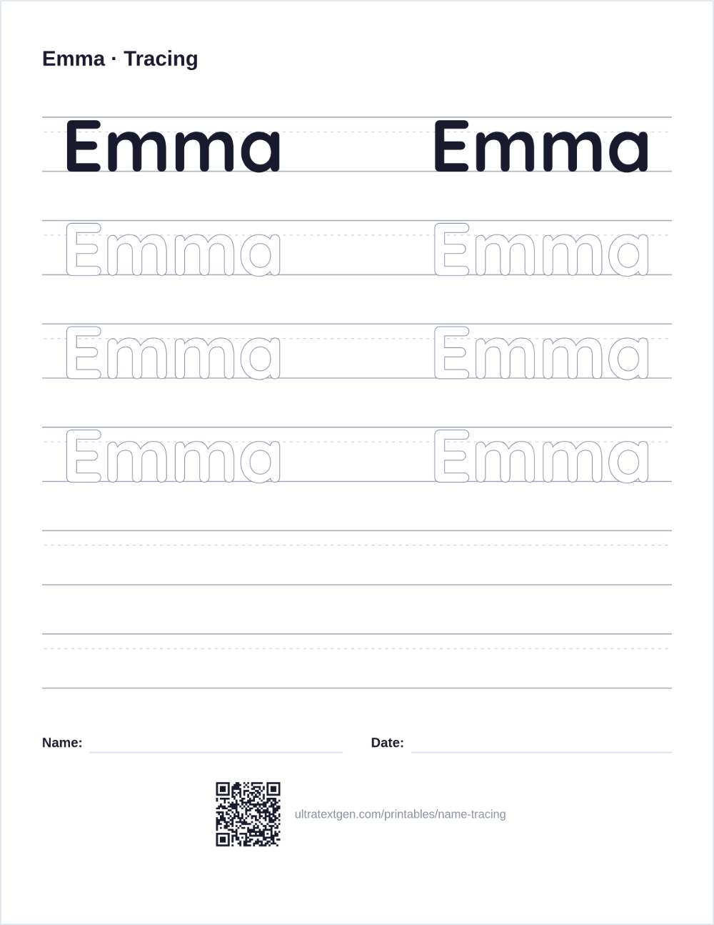 Name tracing worksheet sample for Emma: a solid model above outlined rows to trace, then blank ruled lines
